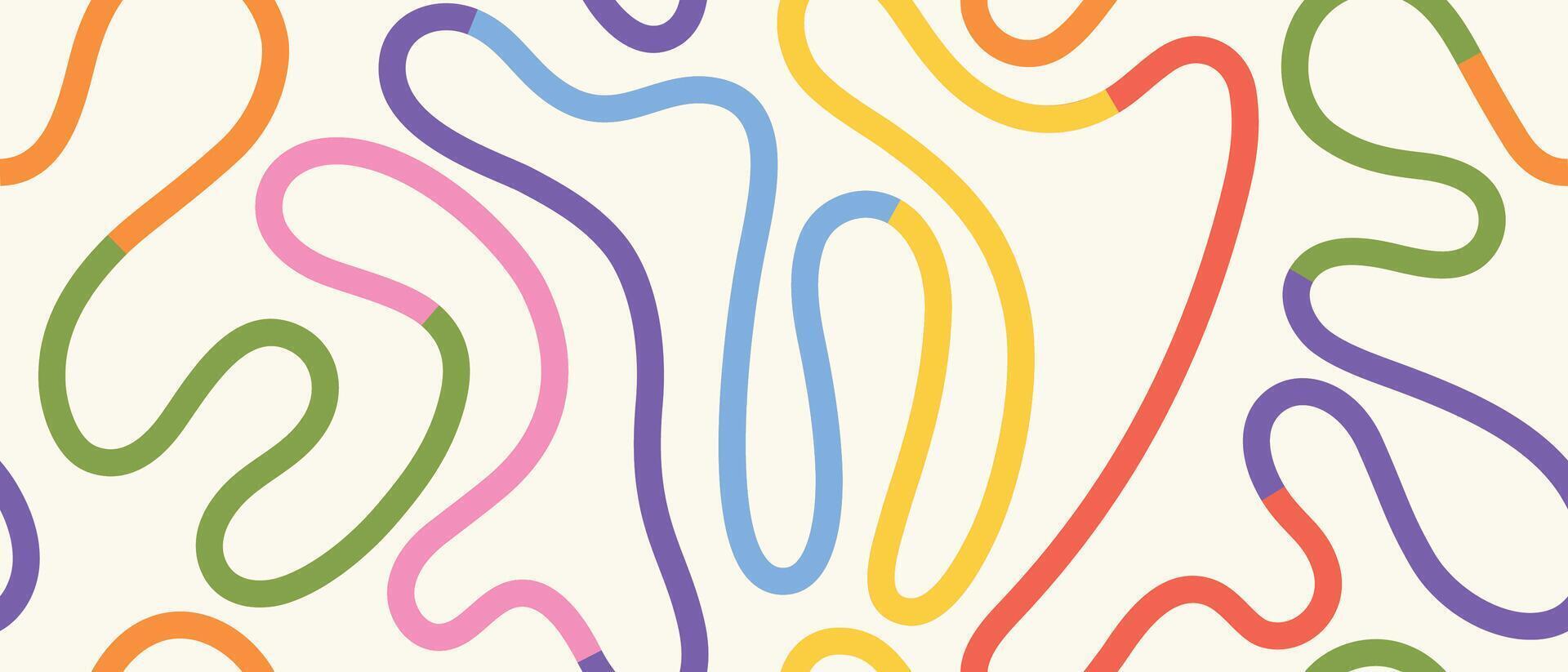 Vibrant curved line pattern with abstract geometric doodles. Seamless background in pastel and bright colors for trendy art, kids decor, and prints vector