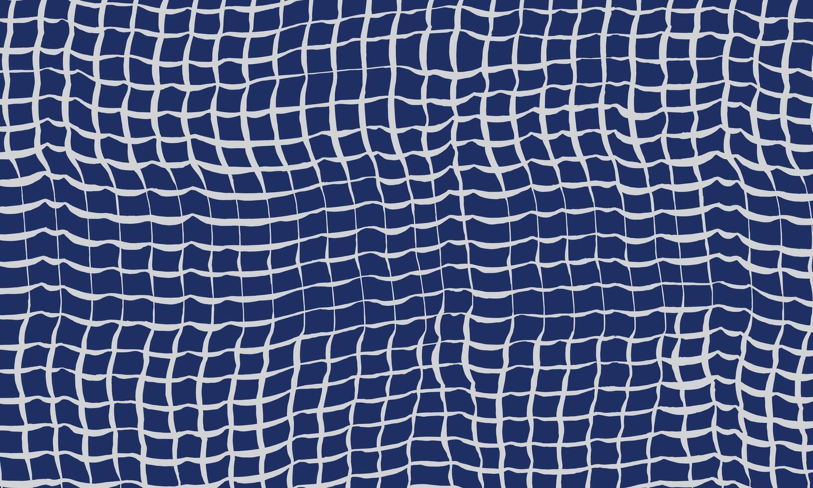Hand drawn brush lines uneven wavy grid of light lines on dark blue pattern, distorted organic fishing net texture background, Japanese minimal style graphic for textile, carpet and decoration vector