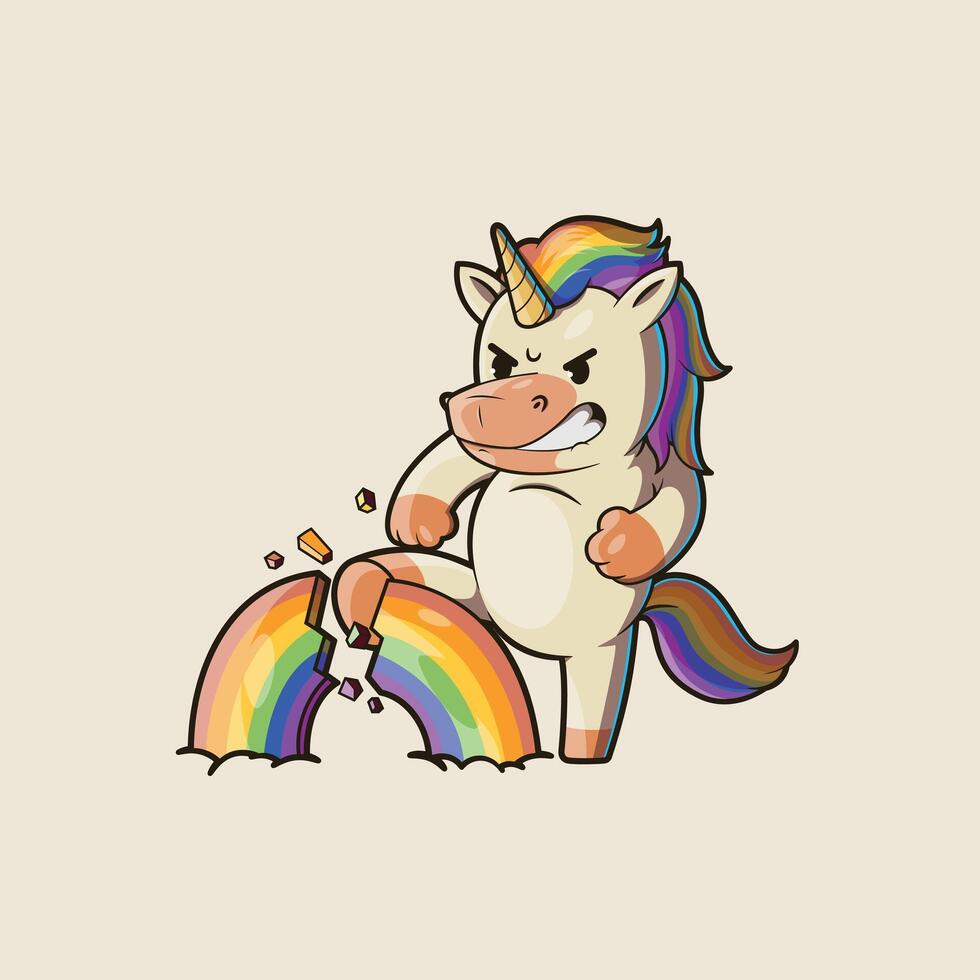 Funny Unicorn Kicking Rainbow. vector