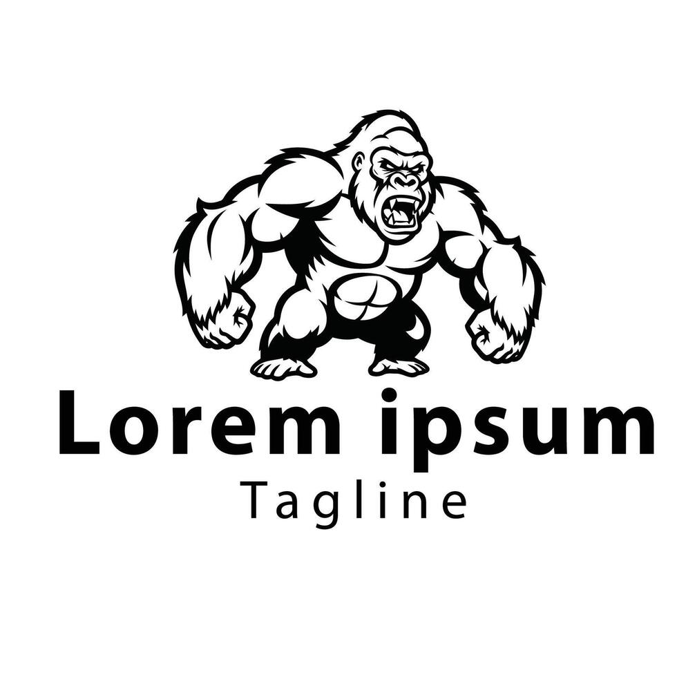 An illustration of a muscular gorilla is depicted in black and white, showing a fierce expression with bared sharp teeth. vector