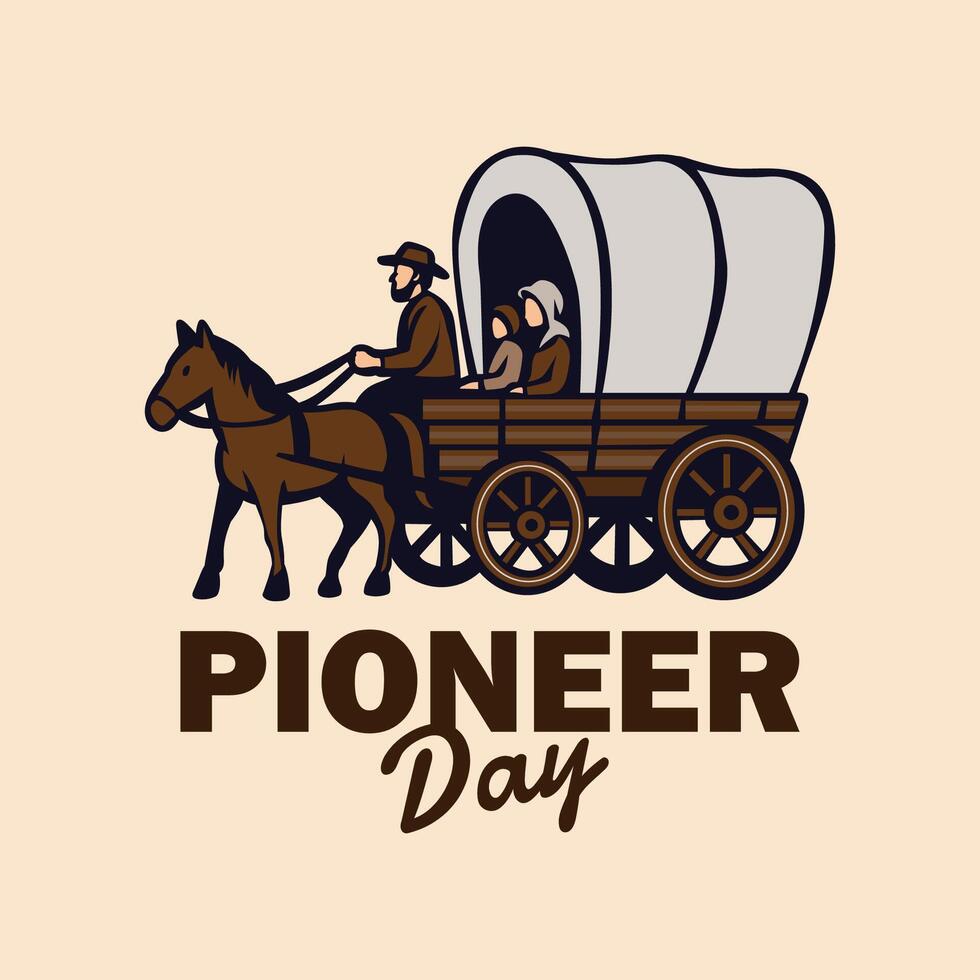 happy pioneer day with horse caravan vector