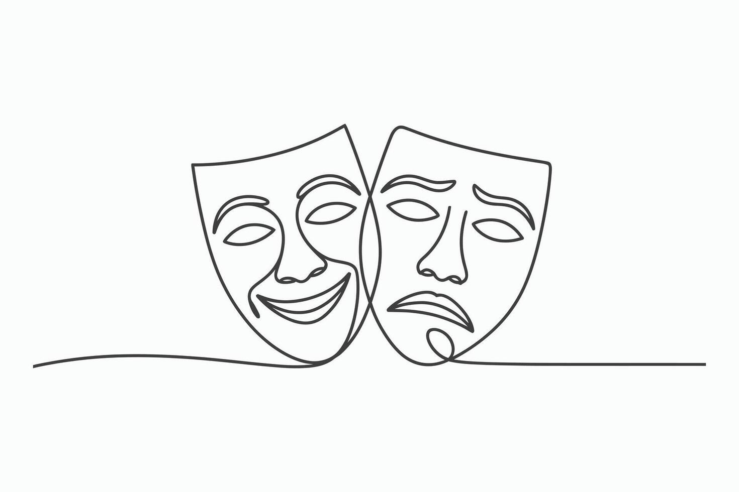 Happy and sad masks continuous line art drawing vector