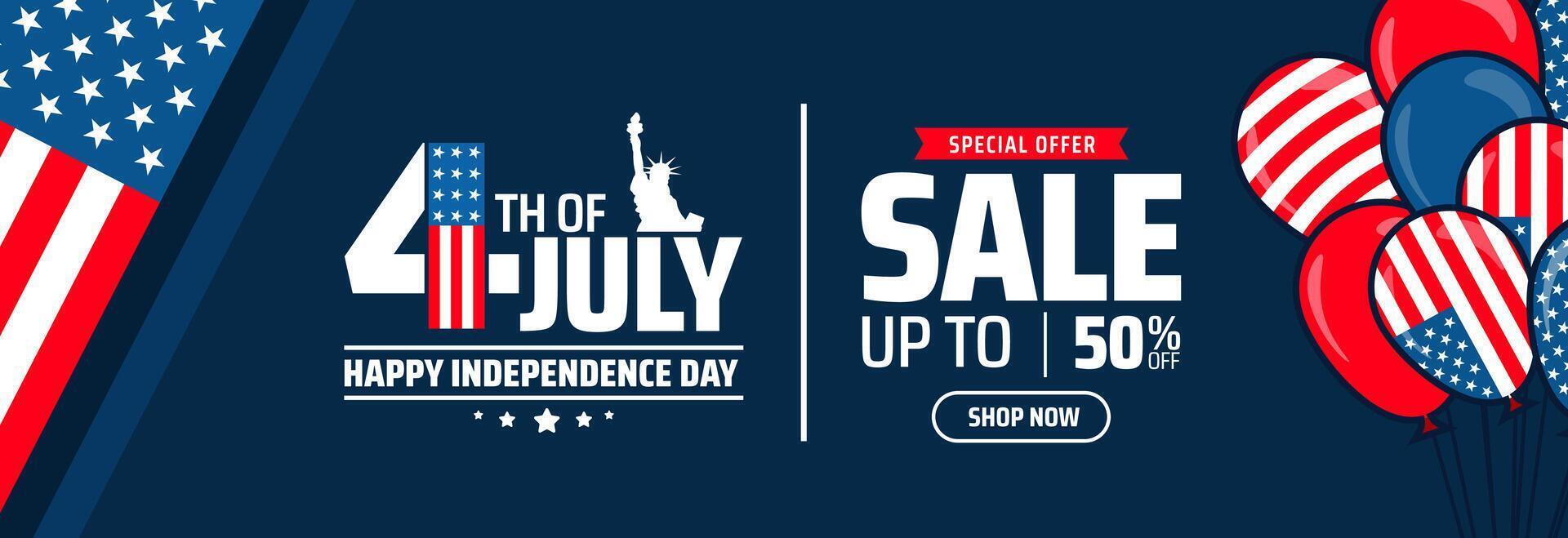 4th of July Independence Day Sale background or banner design. American Flag, Statue of Liberty, Patriotic Balloons, and Up to 50 Off on Blue Background. vector