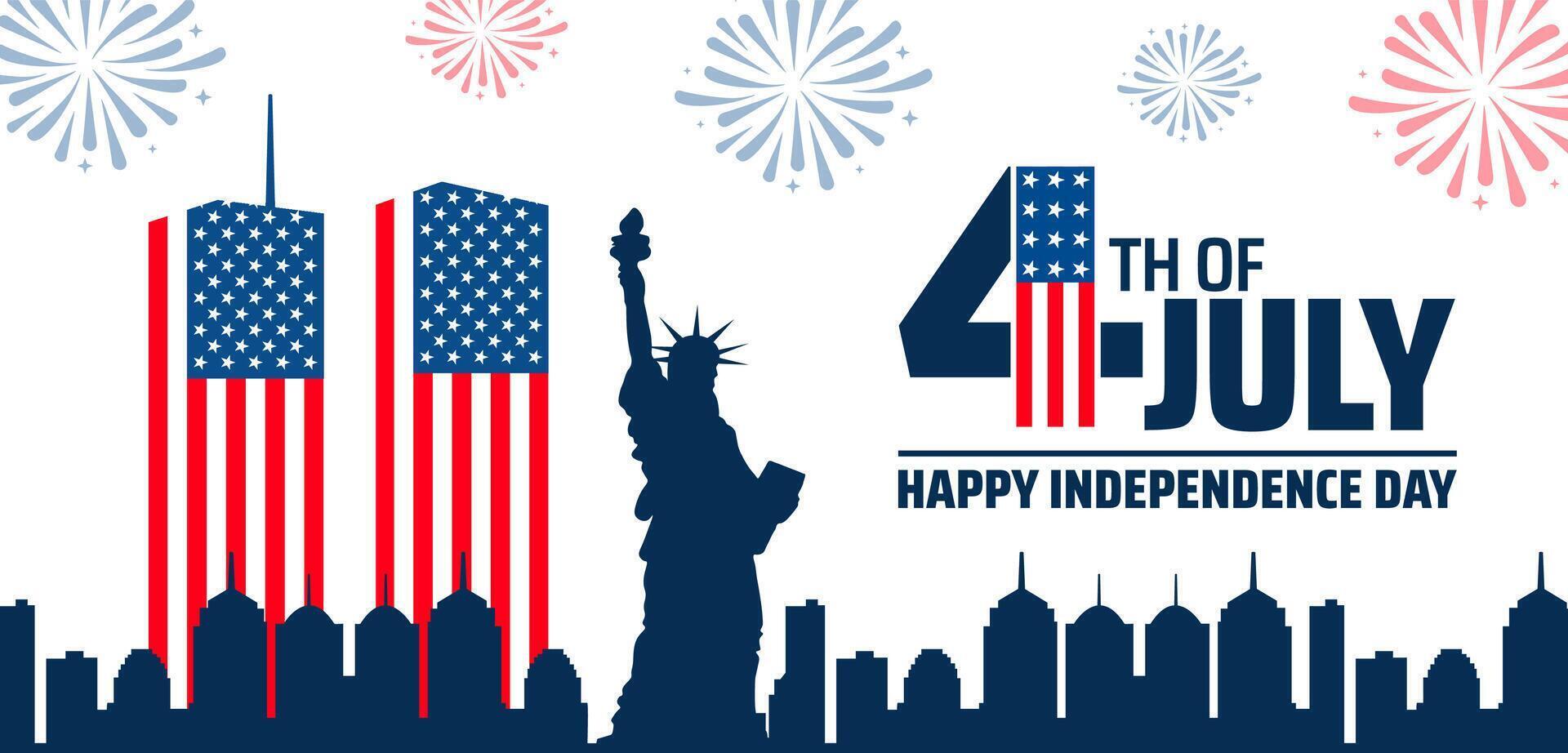 4th of July Happy Independence Day background or banner design. Twin Towers Flags, Statue of Liberty, City Skyline, and Fireworks on White Background. vector