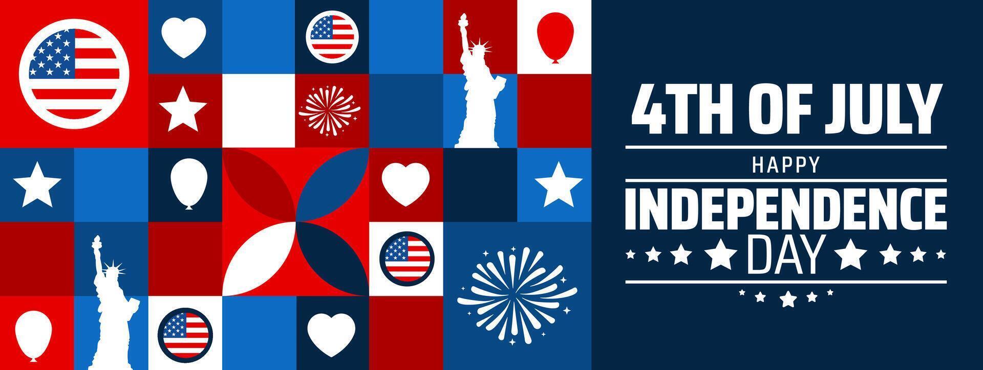 4th of July Happy Independence Day background or banner design. Patriotic Collage of US Flag, Hearts, Stars, Fireworks, and Statue of Liberty Icons in Red, White, Blue vector