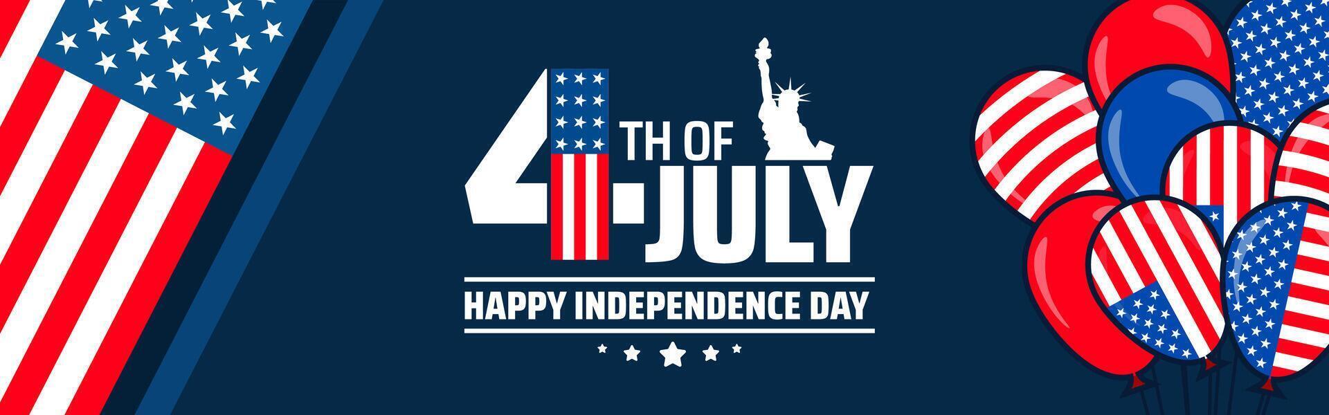 4th of July Happy Independence Day background or banner design. US Flag, Statue of Liberty, and Patriotic Balloons on Dark Blue Background. vector