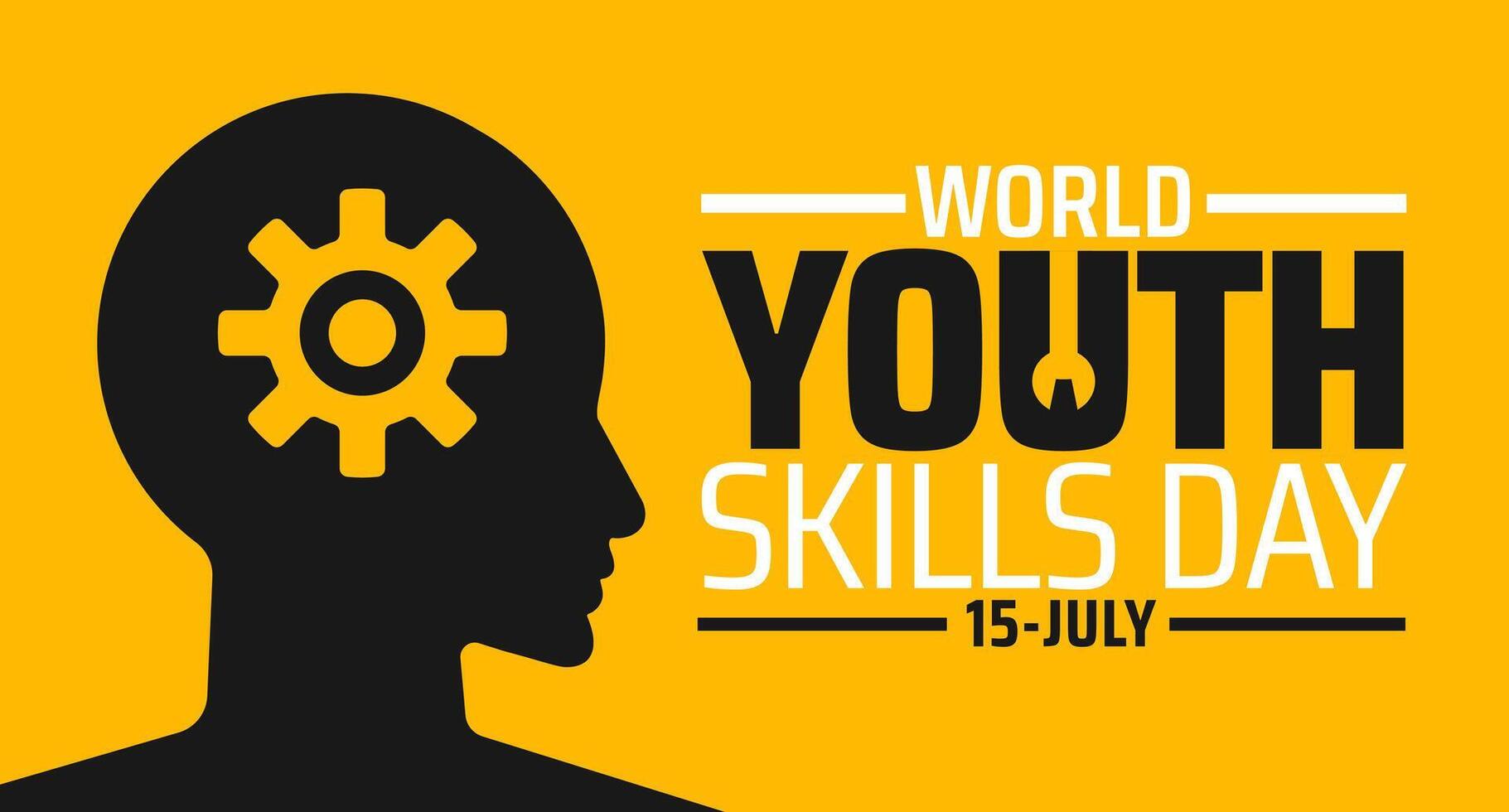 World Youth Skills Day background or banner design. Human Head Silhouette with Gear Icon on Yellow Background, Symbolizing Education and Development. vector