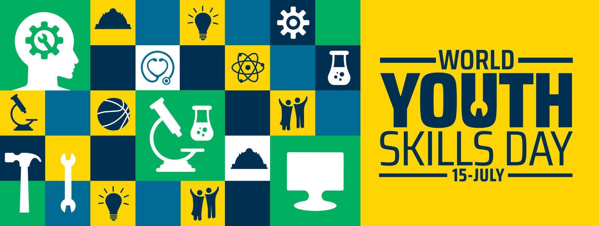 World Youth Skills Day background or banner design. Colorful Grid with Diverse Icons Science, Sports, Tools, Tech, Human Figures on Green, Yellow, and Blue Background vector