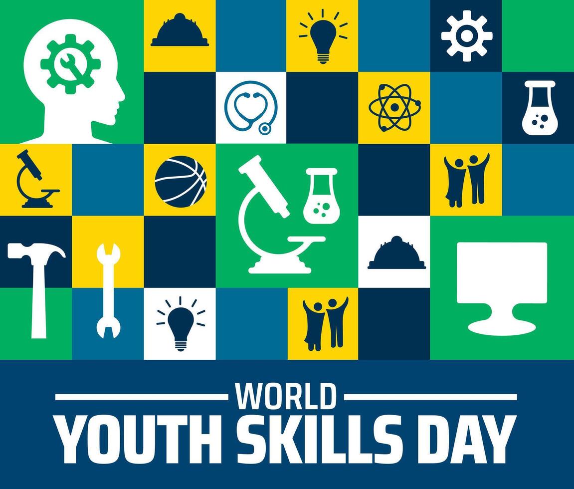 World Youth Skills Day background or banner design. Colorful Grid with Diverse Icons Science, Sports, Tools, Tech, Human Figures on Green, Yellow, and Blue Background. vector