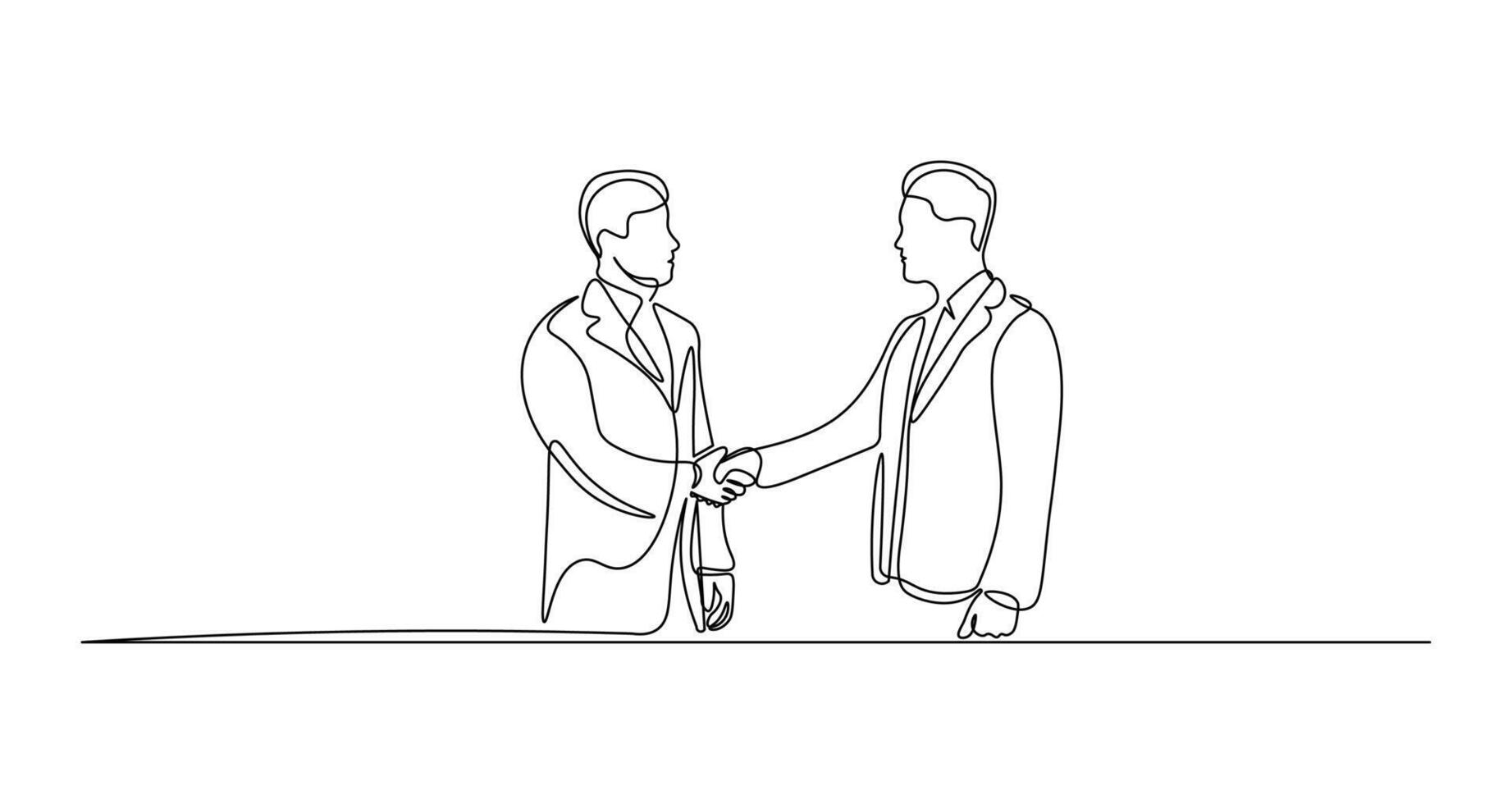 Man shaking hands with colleague in continuous line drawing style. Minimalist black linear sketch of businessman isolated on white background. vector