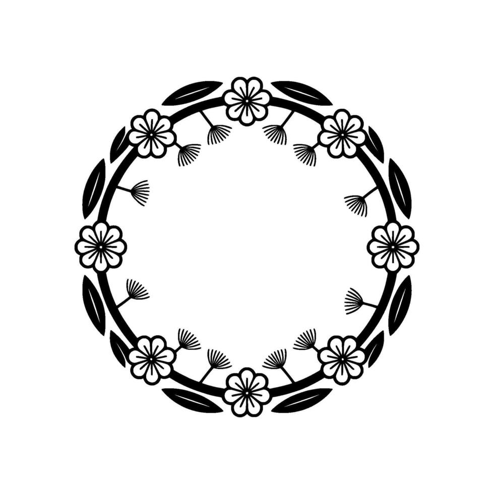 Elegant Floral Wreath Circle Frame, Black and White Minimalist vector