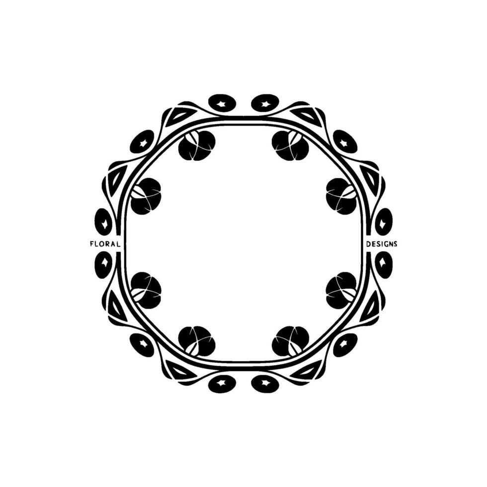 Elegant Black Floral Circle Frame on White Decorative vector
