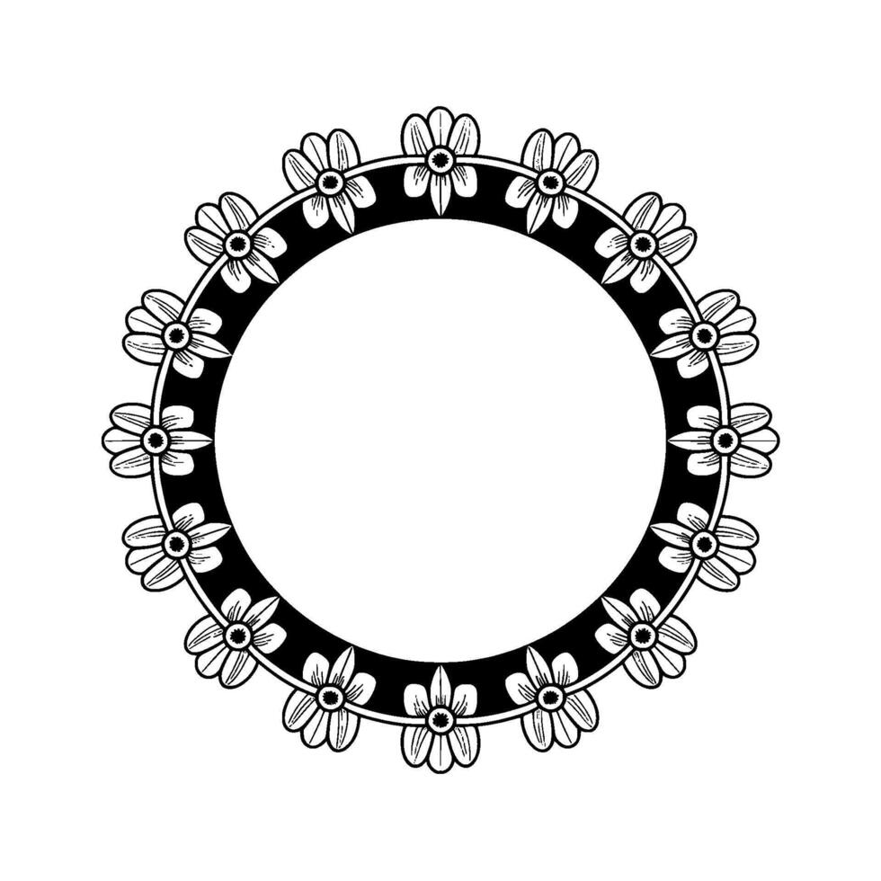 Floral Circle Frame Monochrome Decorative Element on White Background vector