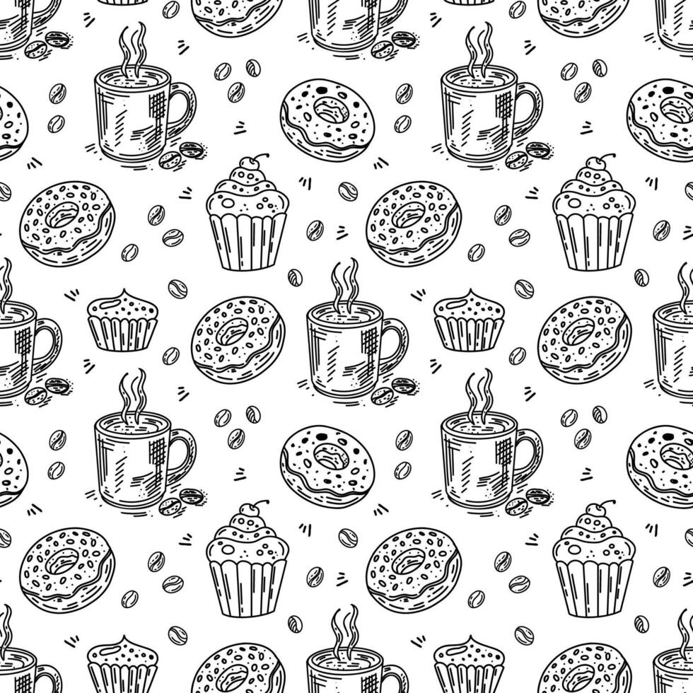 Hand-drawn cafe pattern, black ink sketch, coffee and donuts, sketch-style coffee shop design. vector