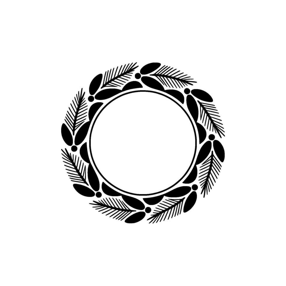 Minimalist Botanical Wreath Circle Frame, Black White vector