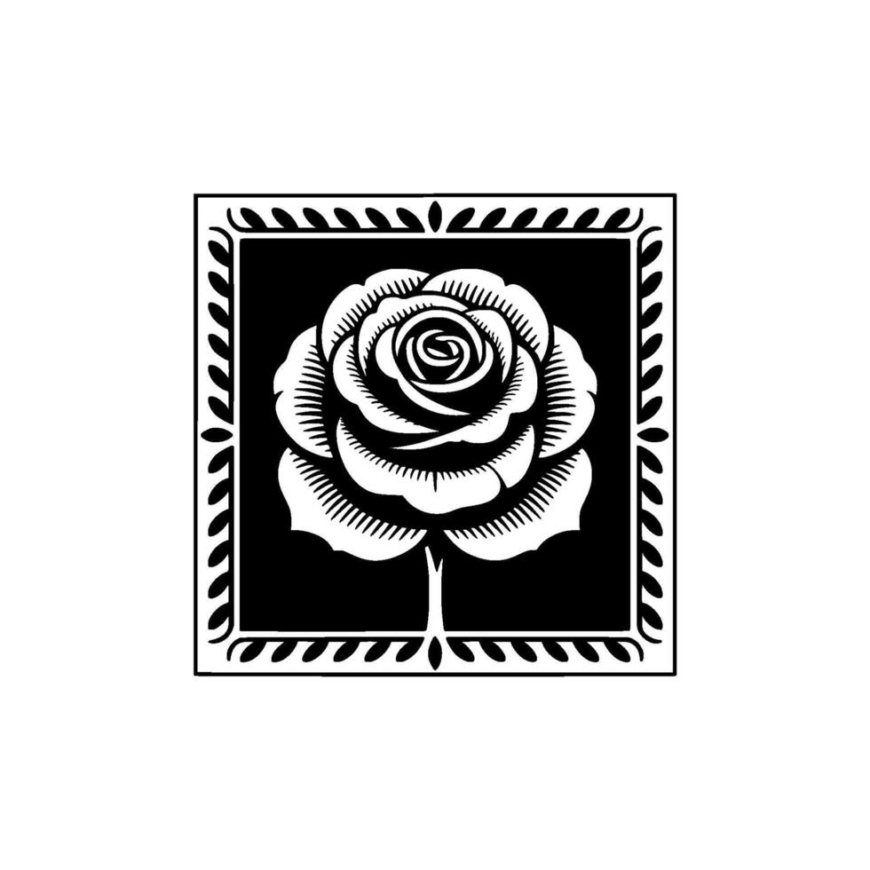 Elegant Rose in Framed Square, Black White Engraving vector