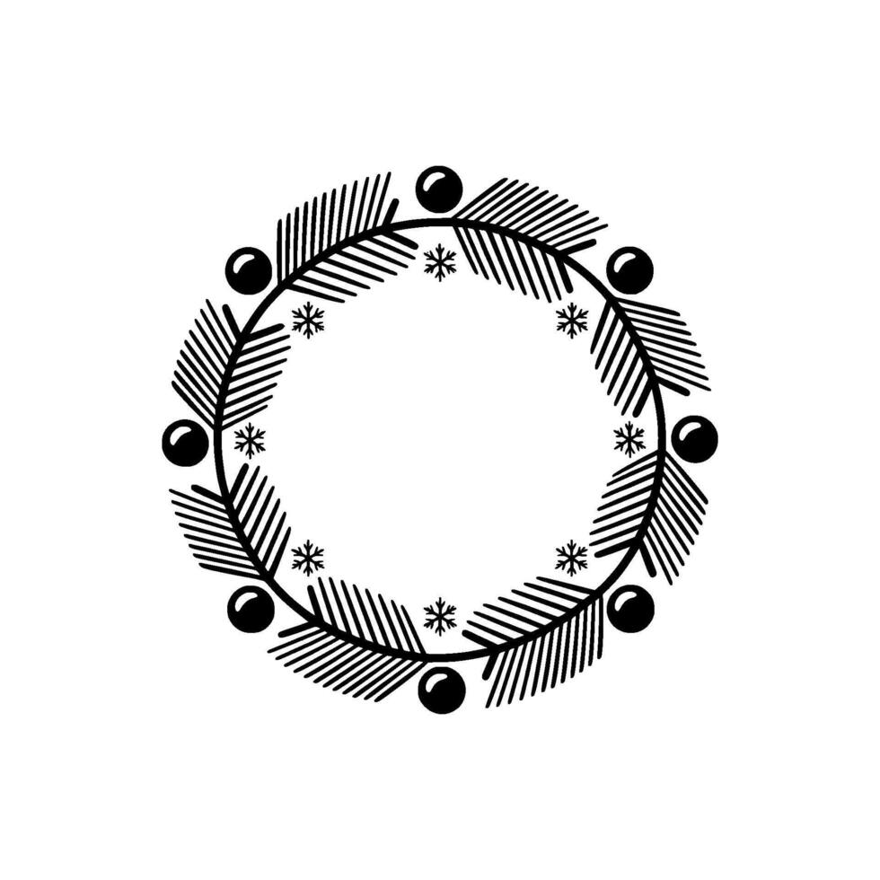 Minimalist Christmas Wreath Illustration Black White Element vector