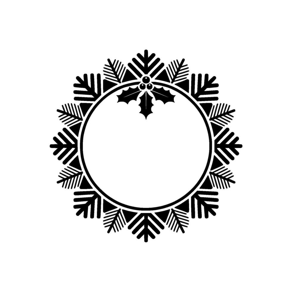 Festive Snowflake Holly Wreath Frame Black Red on White Background vector