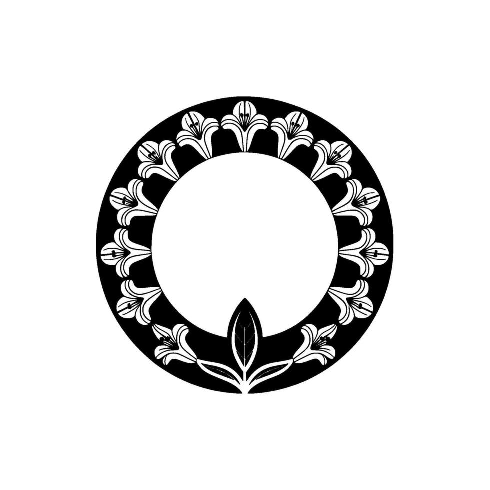 Elegant Lily Floral Circle Frame, Black White, Minimalist vector