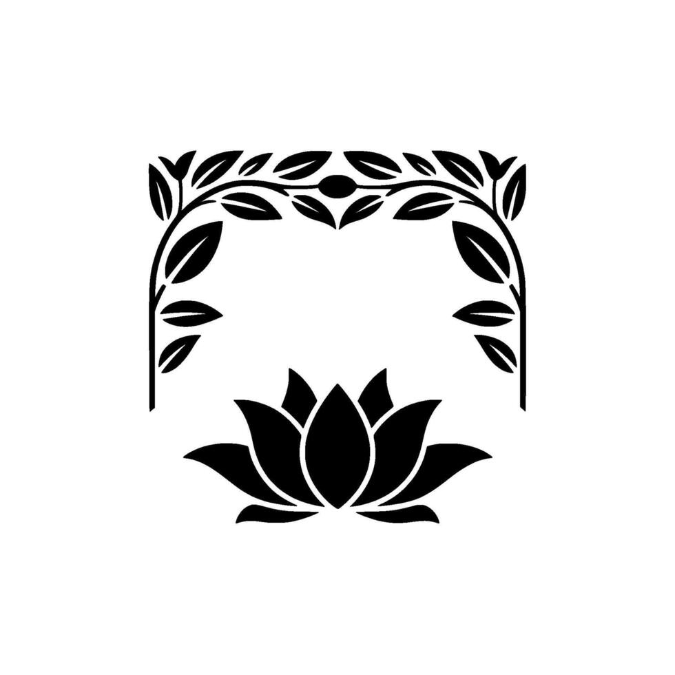 Minimalist Lotus Flower with Leafy Frame, Black and White vector
