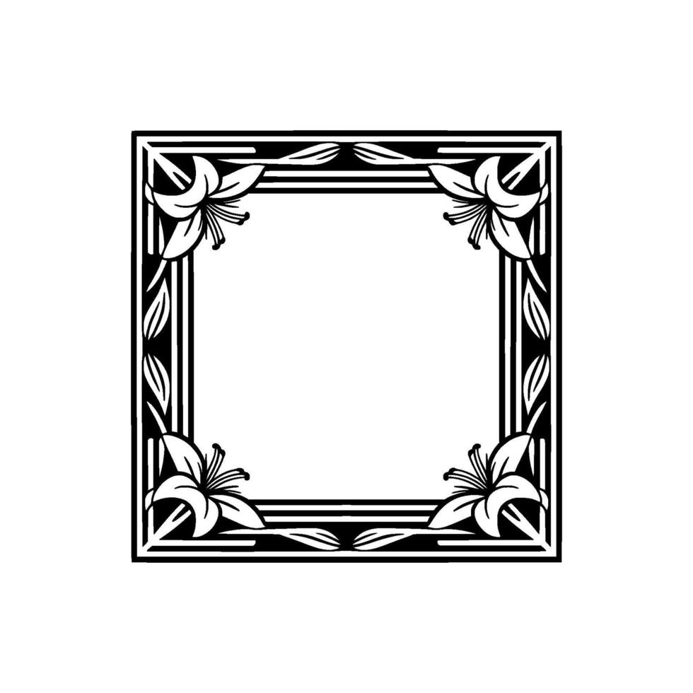 Elegant Lily Flower Frame Art Deco Style, Monochrome, Square vector