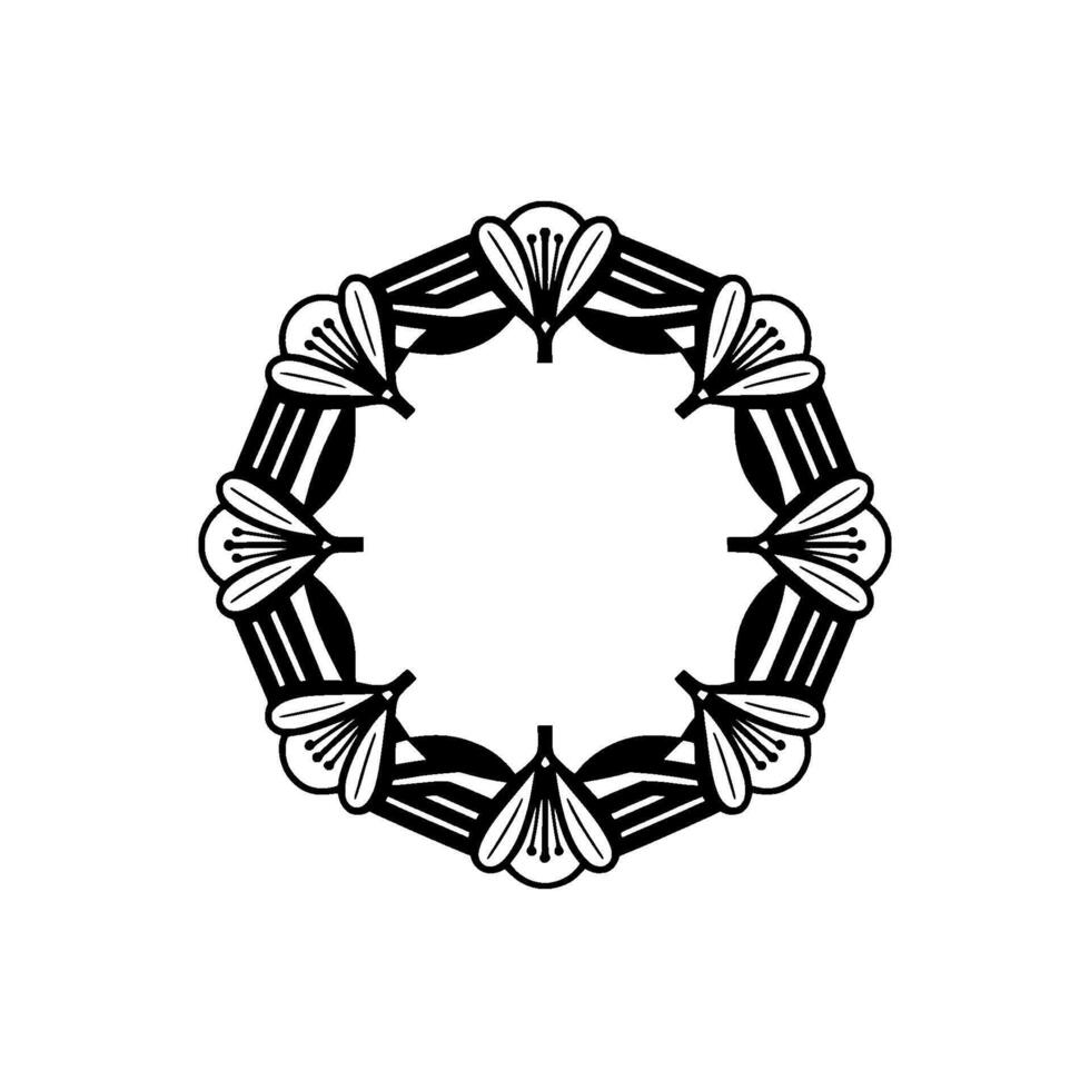 Floral Circular Frame, Art Deco Style, Elegant Black and White vector
