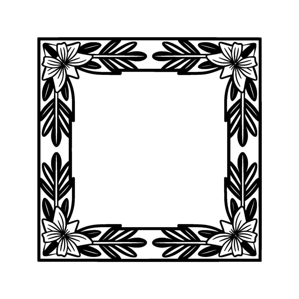 Elegant Floral Frame, , Botanical Border, Square, Black and White vector