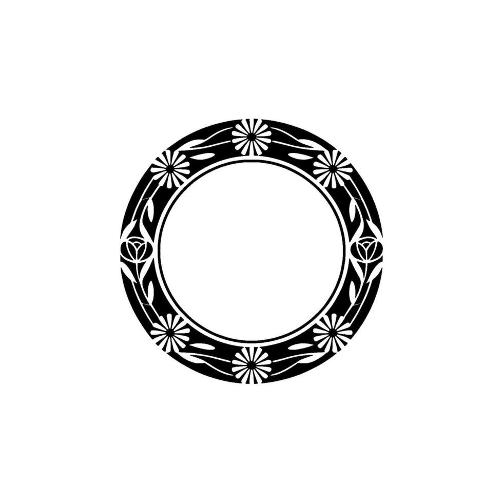Art Nouveau Floral Circle Frame Silhouette, Black on White, Clean vector