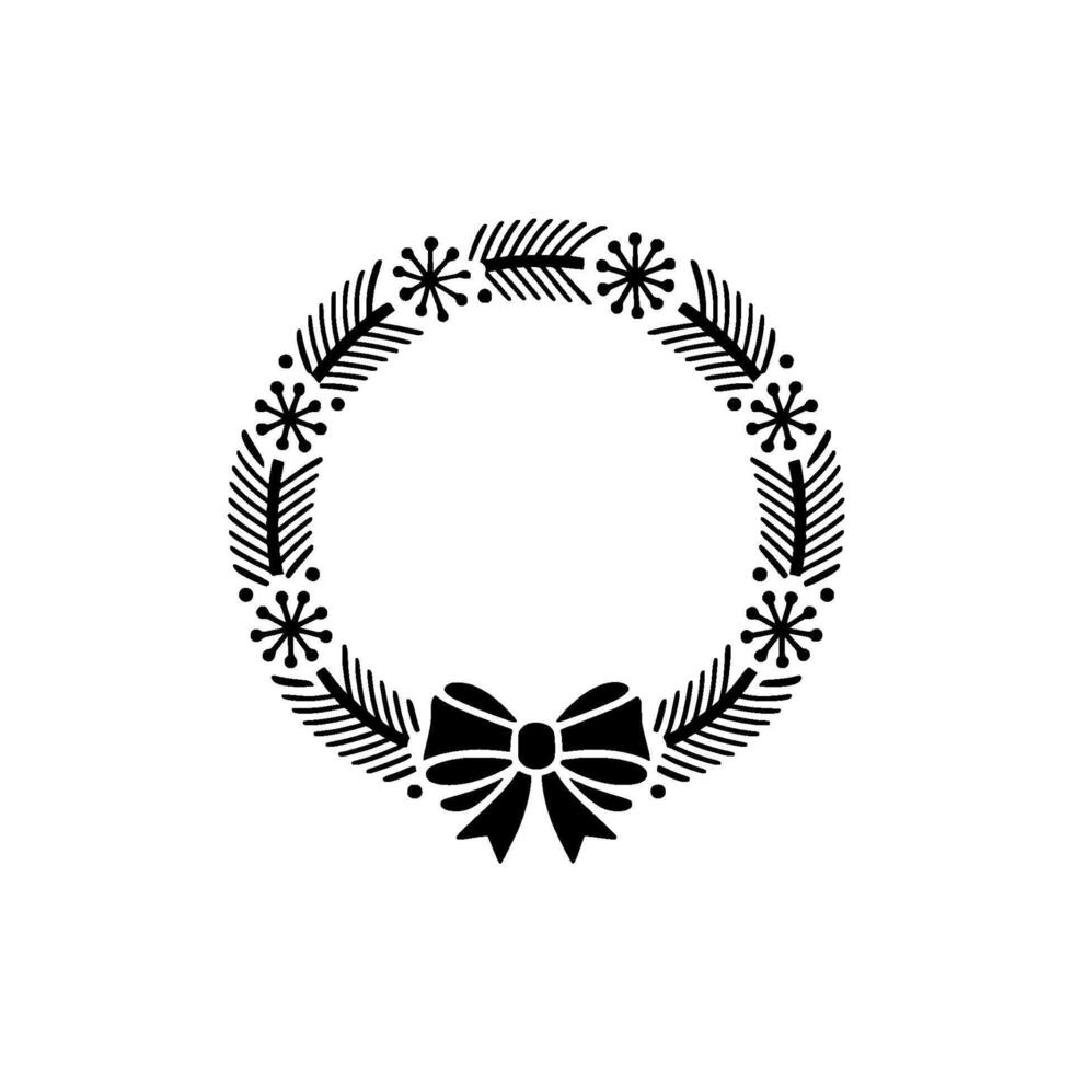 Minimalist Christmas Wreath with Bow, Black White, Clean vector