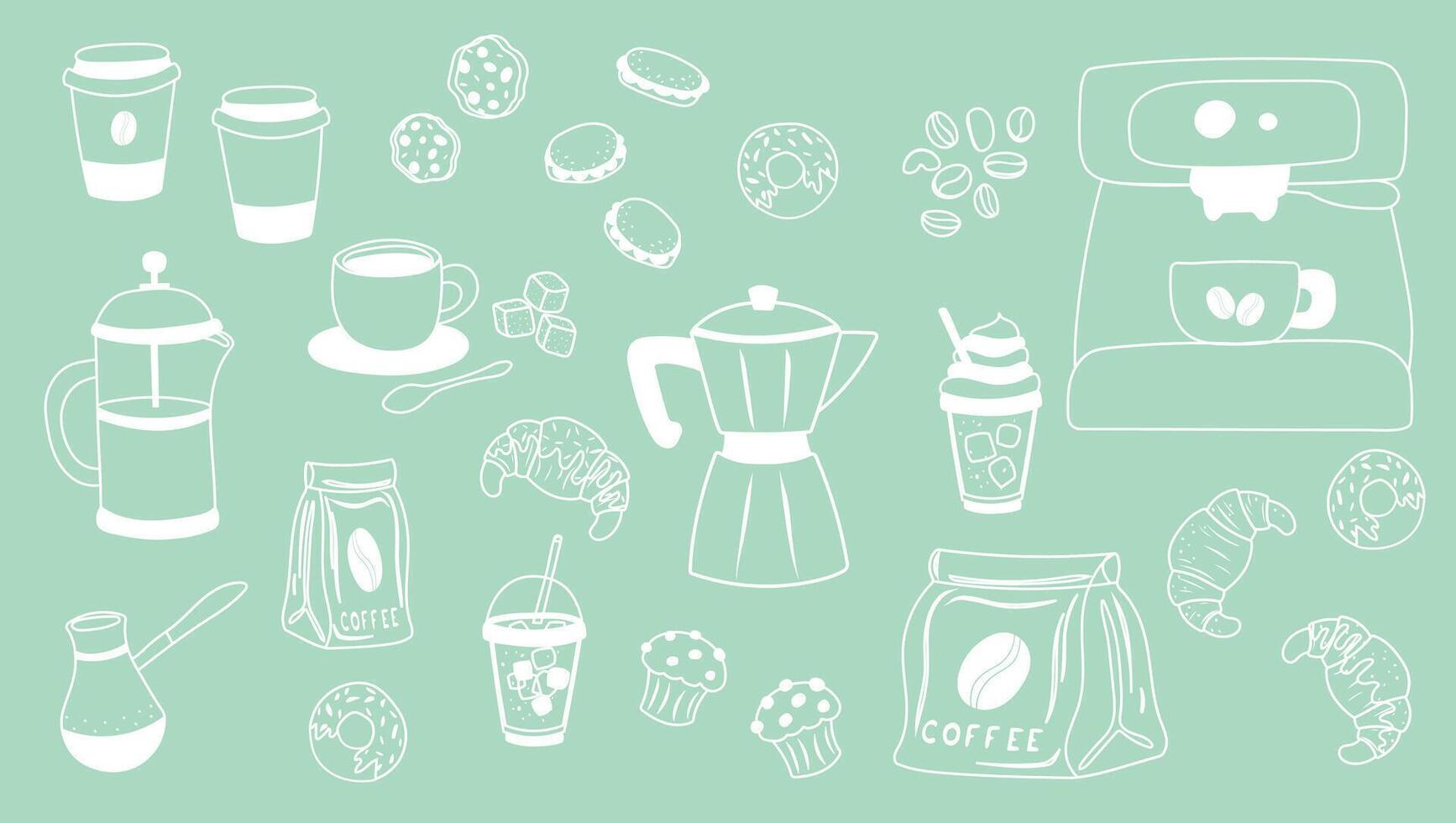 Coffee set with white outline on green background vector