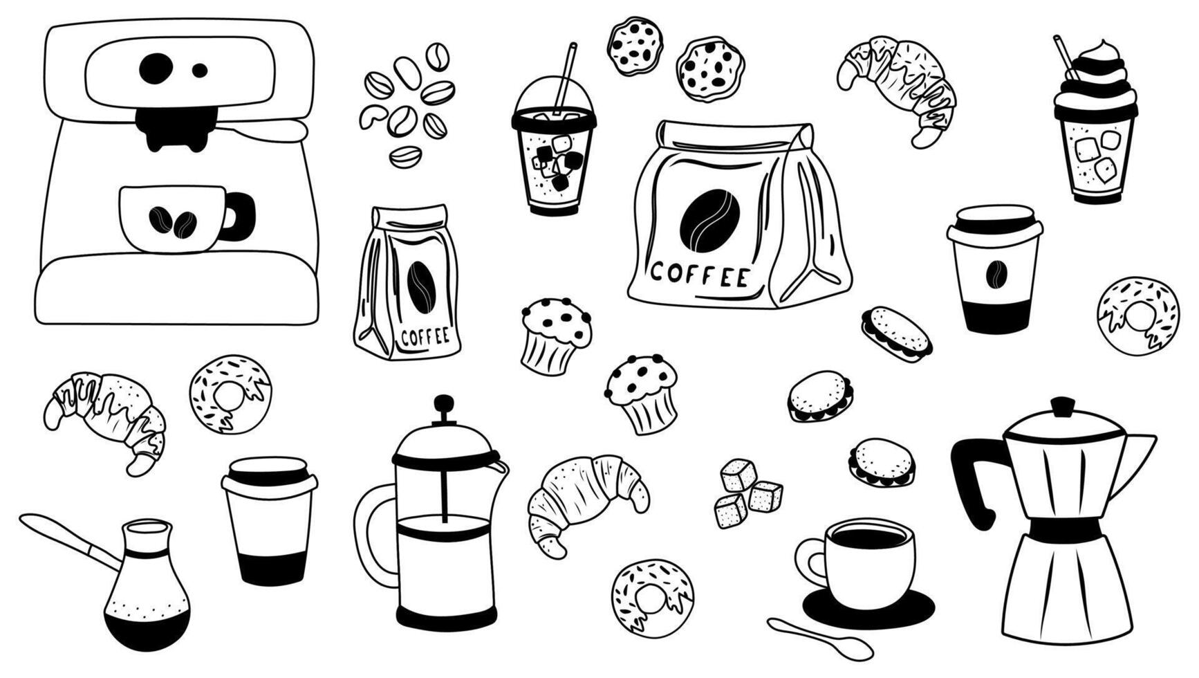 Coffee set with black outline icons vector