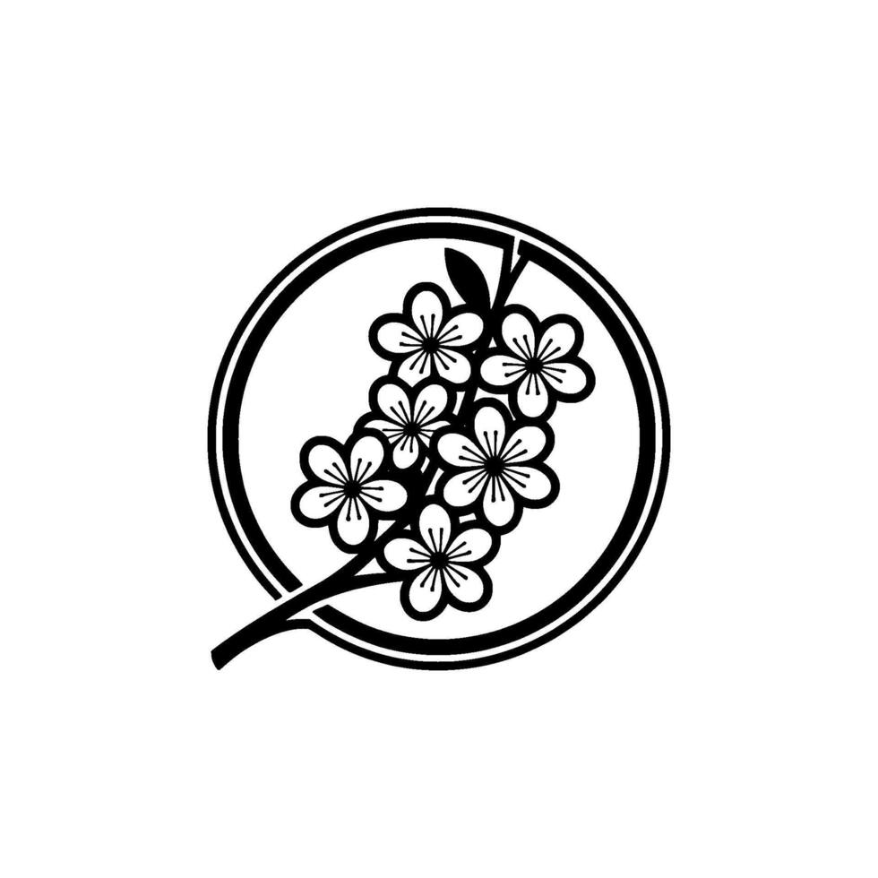 Minimalist Cherry Blossom Branch in Circle, Black White Illustration vector