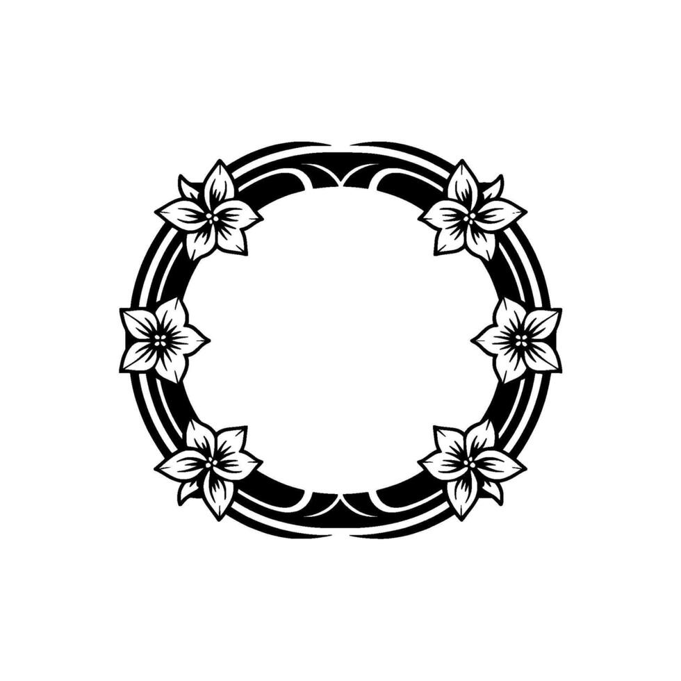 Floral Circle Border, Black White Line Art, Botanical Frame vector