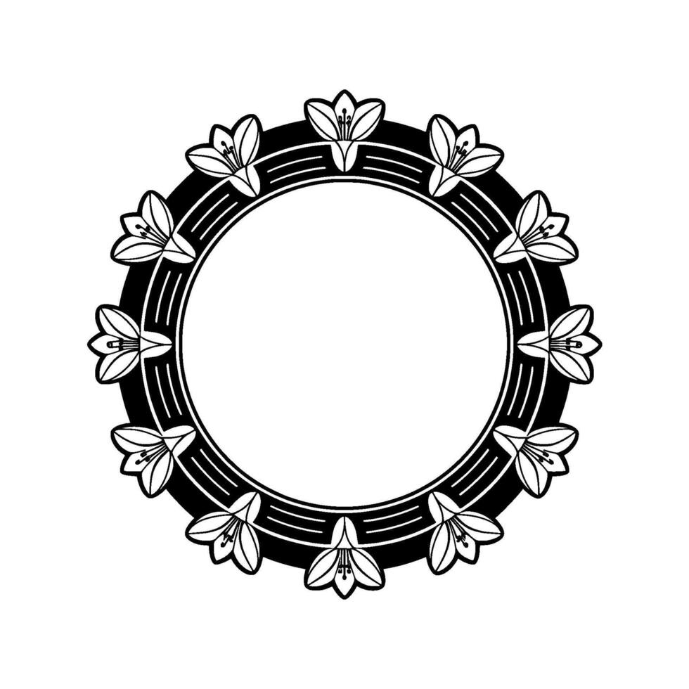 Circular Floral Frame, Black and White Art Deco Style, for Invitations or vector