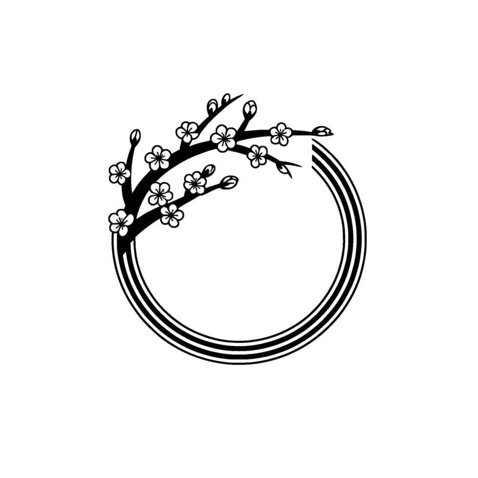 Minimalist Blossom Branch Circle Frame Elegant Black White vector