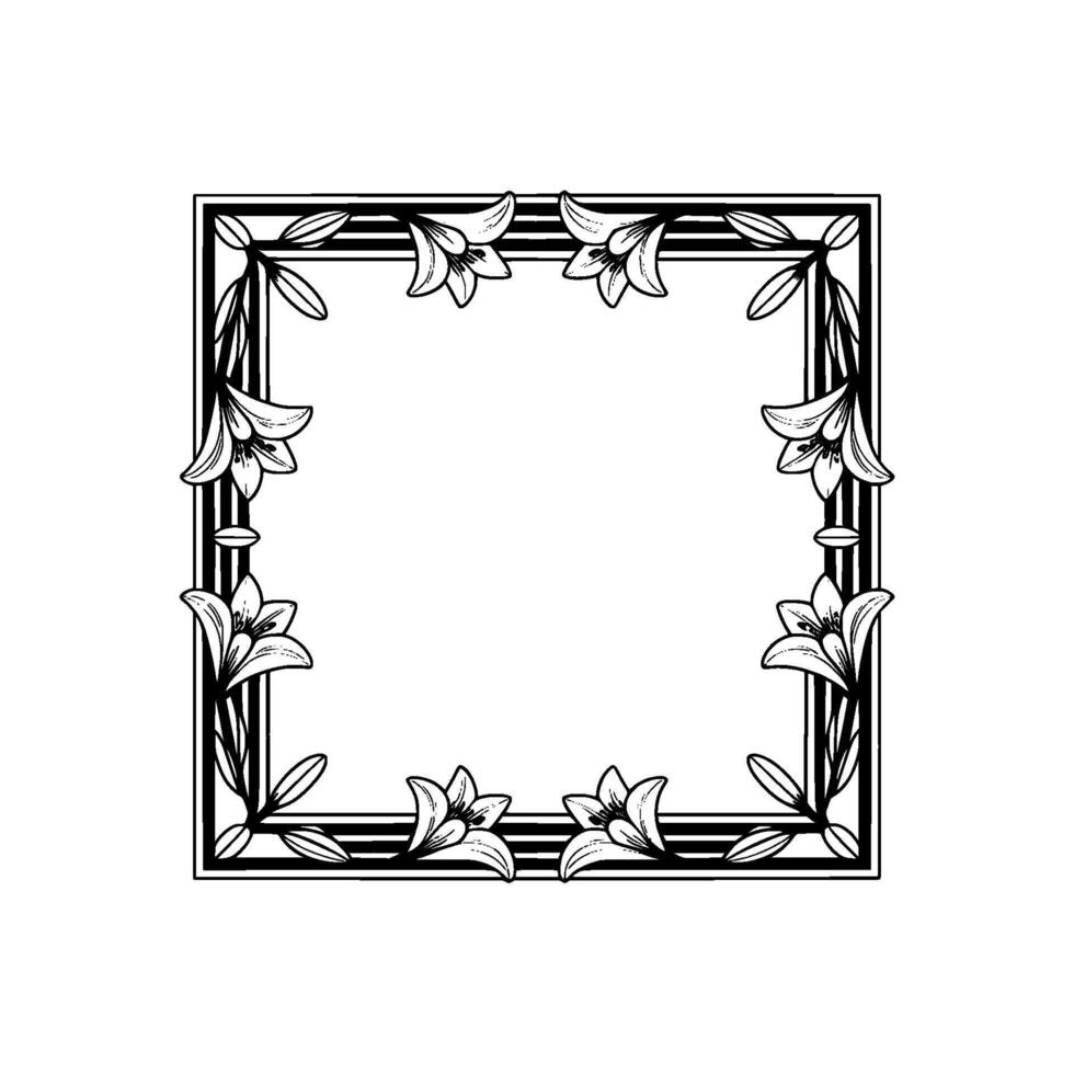 Floral Square Frame, Elegant Black and White Lilies Border vector