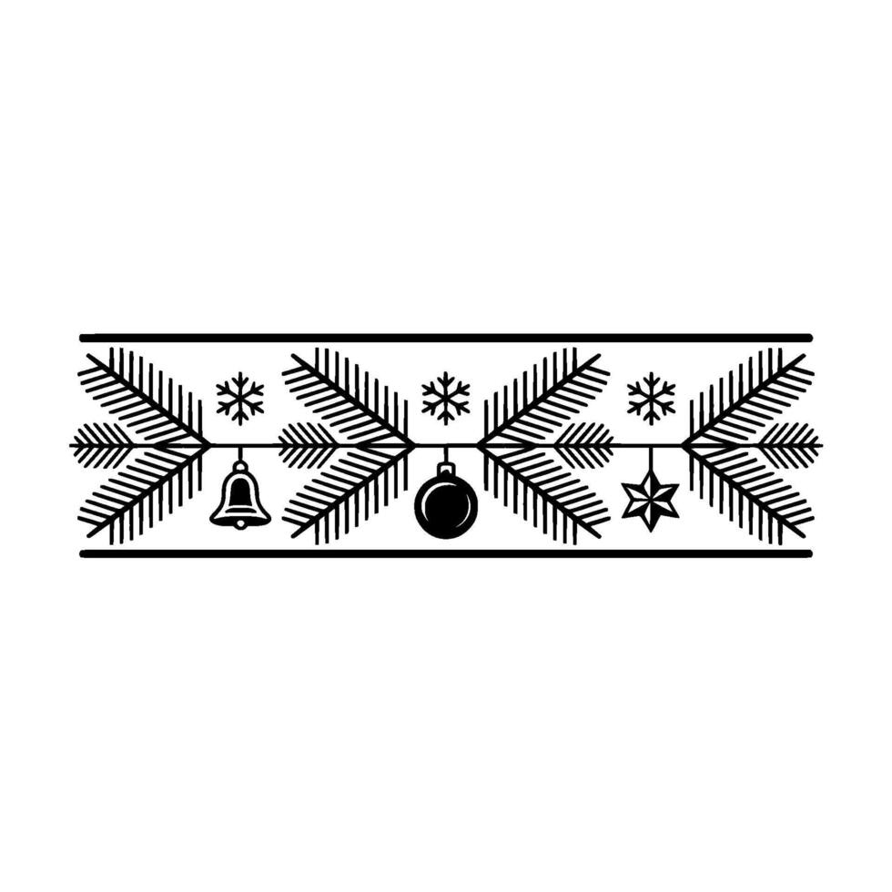 Minimalist Christmas Border Black Fir, Ornaments, and Snowflakes on White vector
