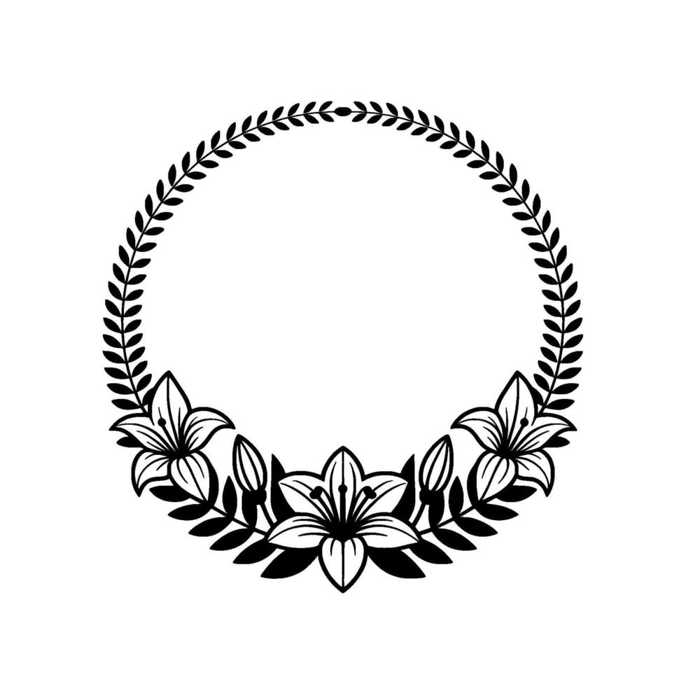 Elegant Lily Laurel Wreath Minimalist Black White vector