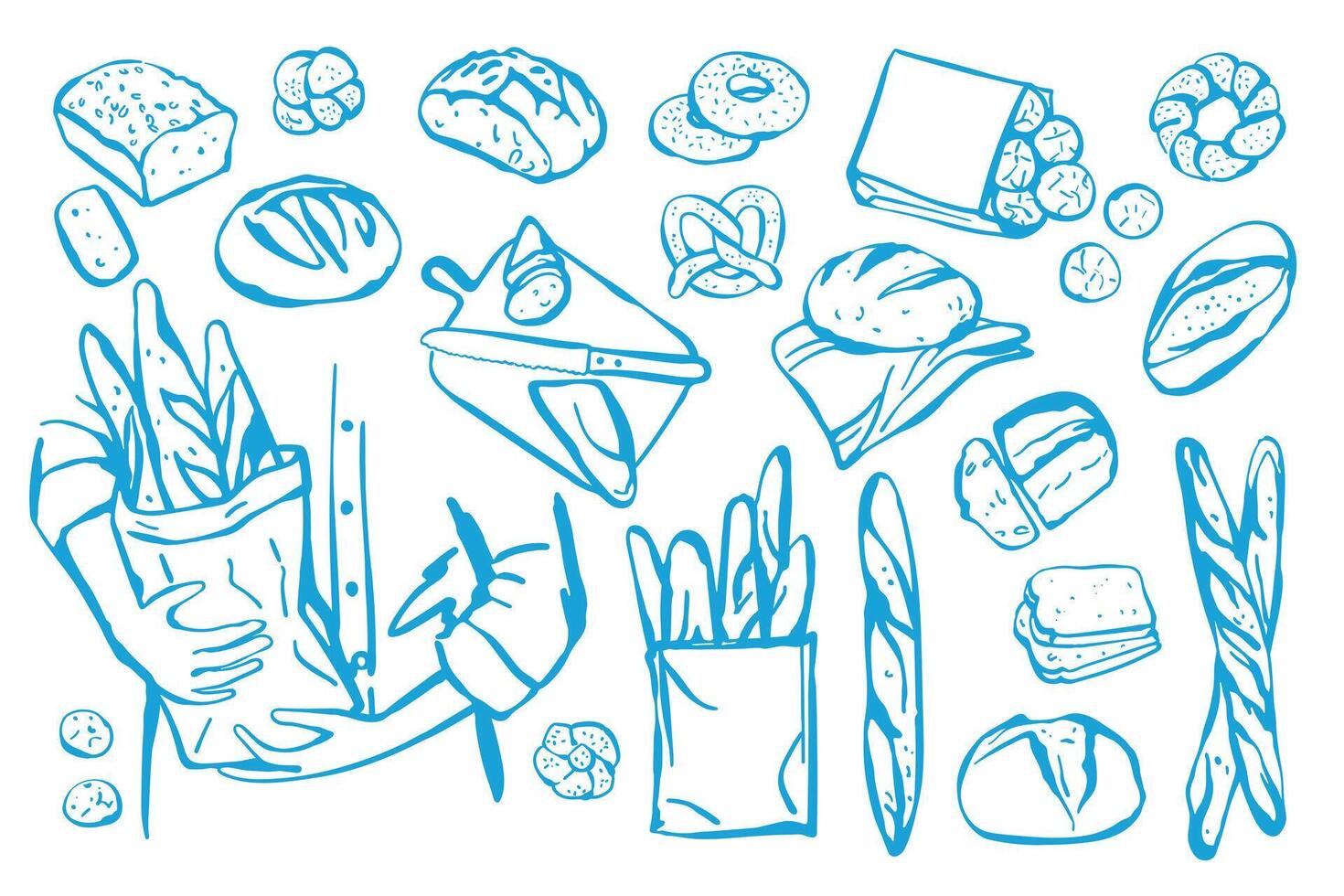 Hand drawn set of different types of bread. Sketch style bakery products vector