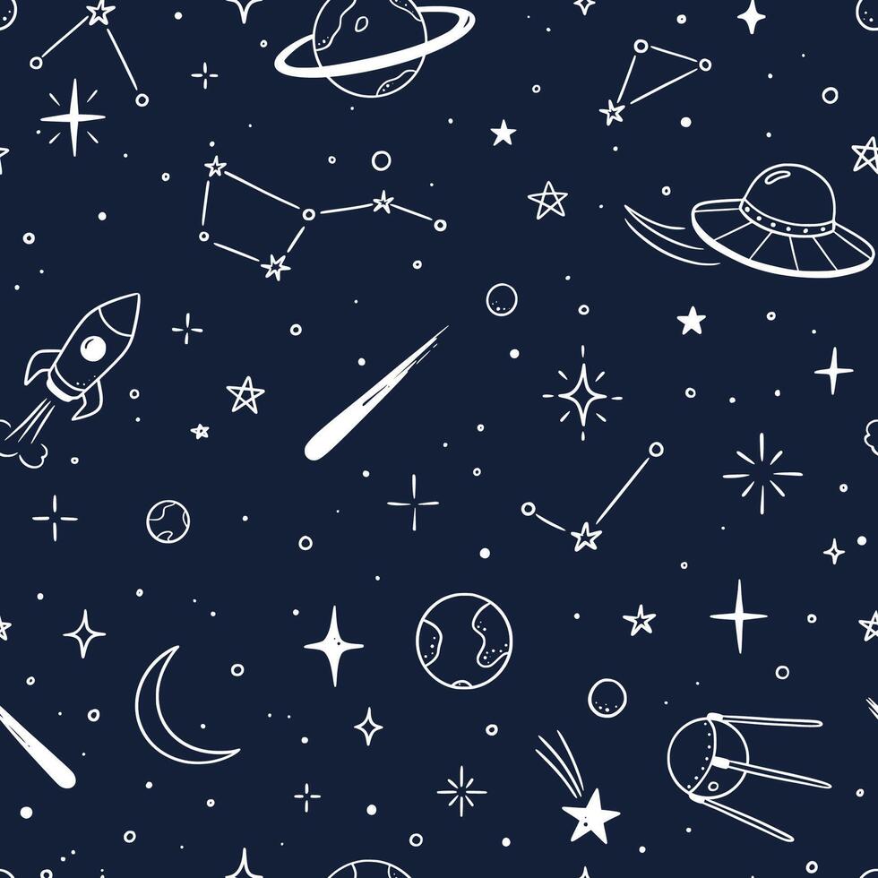 Space star galaxy seamless pattern. Hand drawn doodle sketch line style galaxy planet star, rocket, moon cute sky background. Space planet kid doodle universe pattern. illustration vector