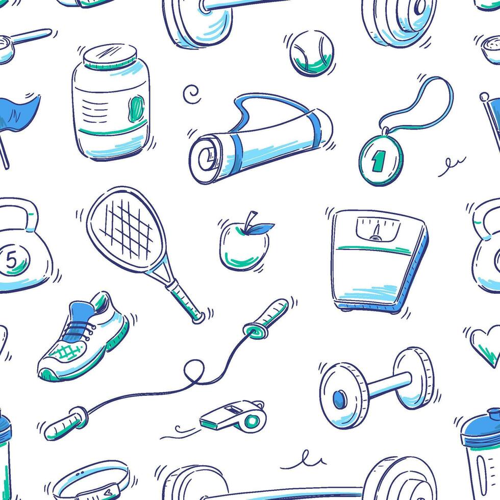Doodle gym sketch health seamless pattern background. Hand drawn sketch doodle healthy sport, gym fit exercise equipment background. Seamless pattern tennis ball, bottle, dumbbell vector
