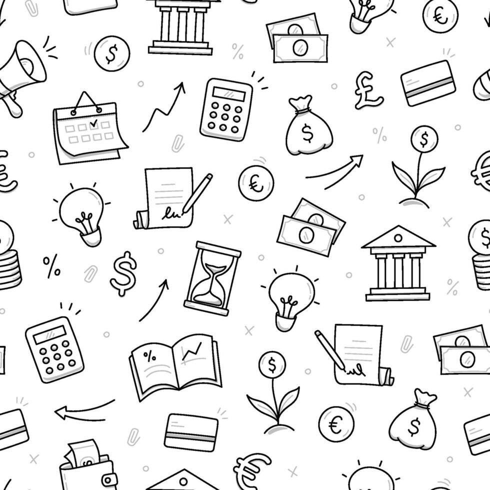 Money, business doodle seamless pattern background. Bank profit, money economy, finance doodle sketch style pattern with coin, megaphone, calculator element pattern. vector