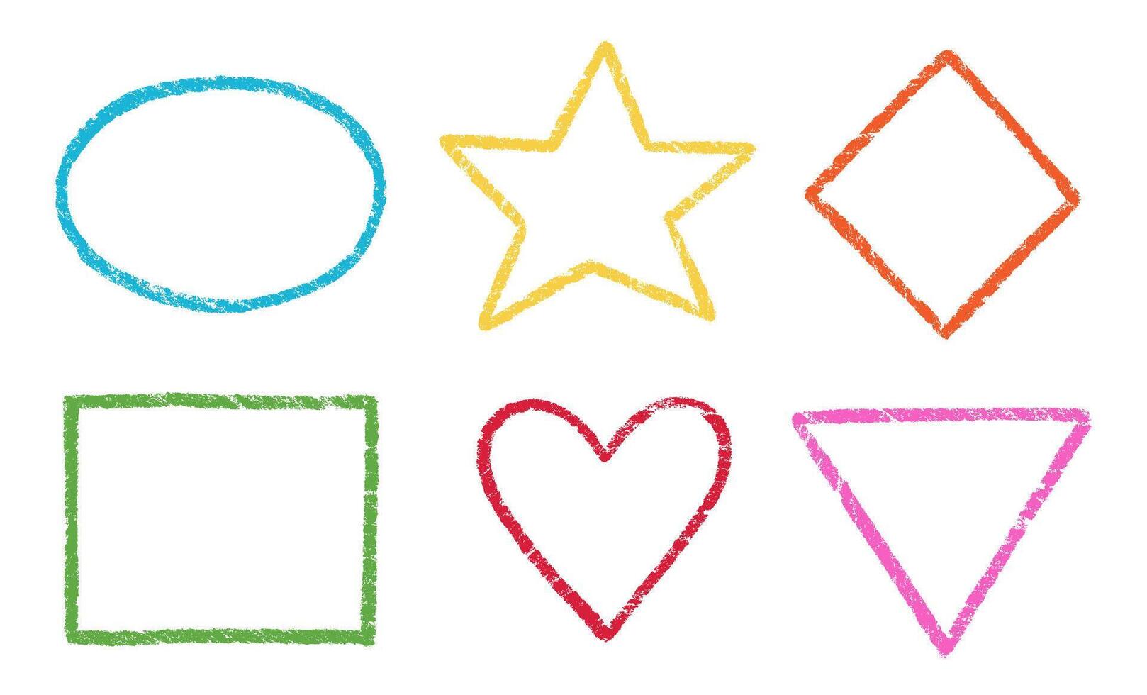 Crayon, chalk kid frame set. Round, square, heart shape hand drawn crayon texture color frame element. Chalk, pastel pencil kid craft paint style square, star border set vector