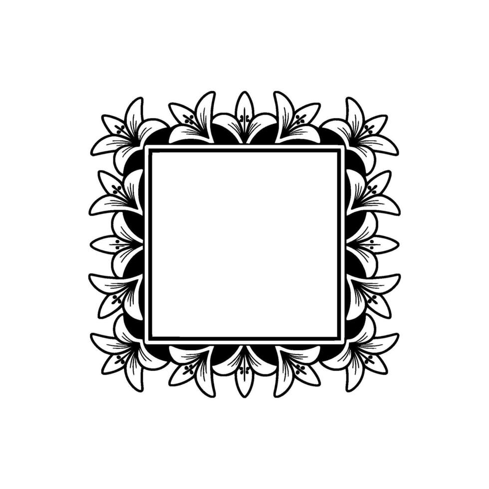 Elegant Lily Floral Frame, Black and White. vector