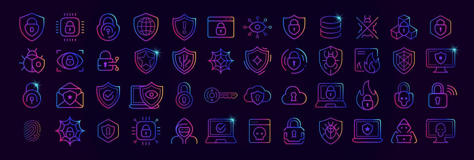 Cybersecurity icon set with neon gradient style. Shield, padlock, firewall, fingerprint, virus, hacker, cloud and data protection symbols for cyber defense, privacy, encryption. illustration vector