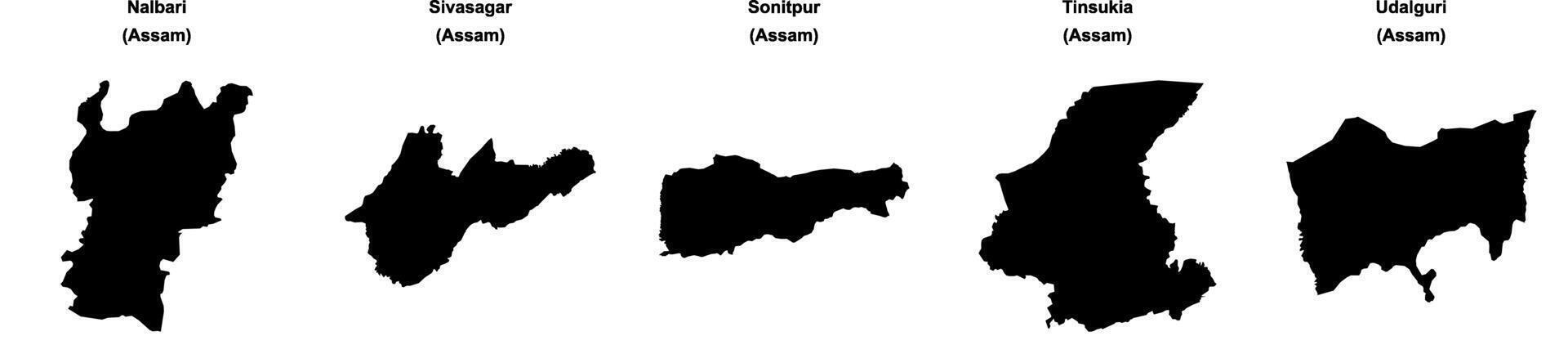 Nalbari, Sivasagar, Sonitpur, Tinsukia, Udalguri outline maps vector