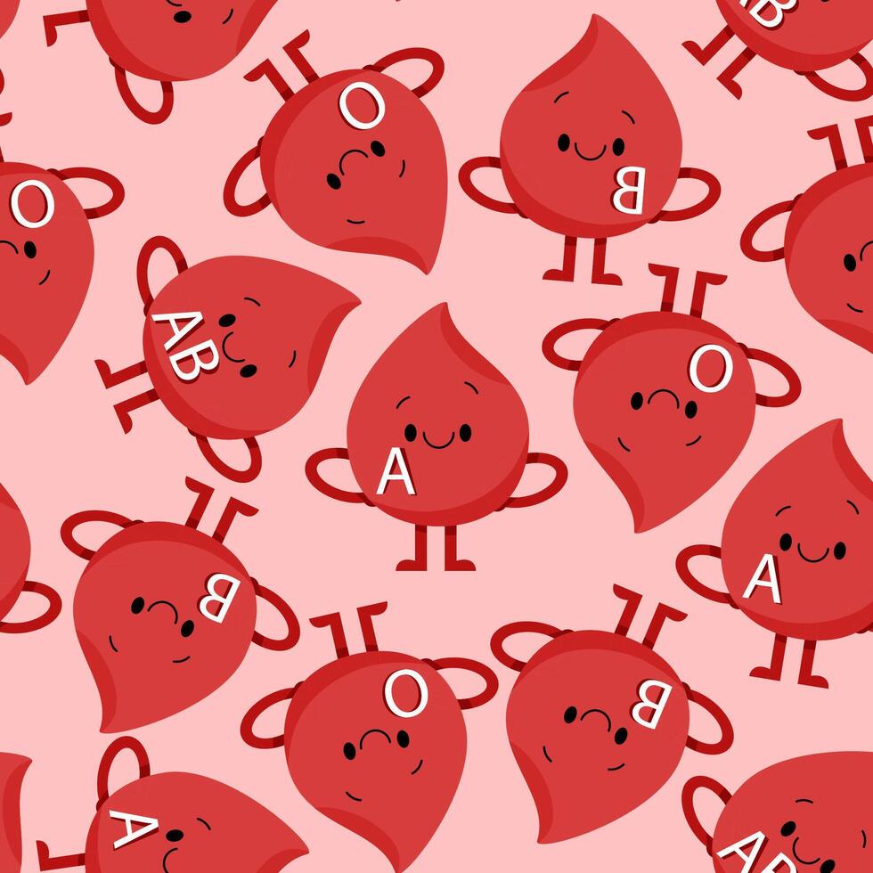 Seamless pattern of blood droplet character with different blood types vector