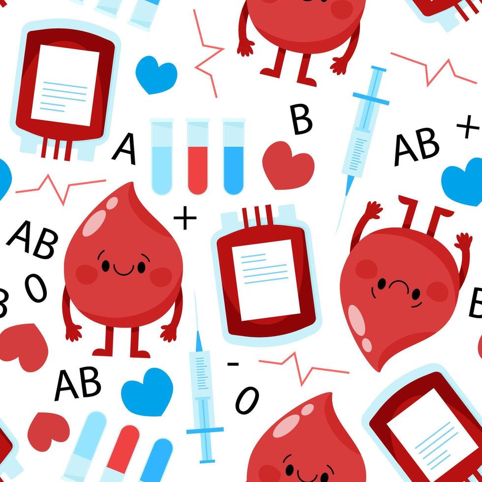 Seamless pattern of blood drop character, blood bag, test tubes and hearts vector