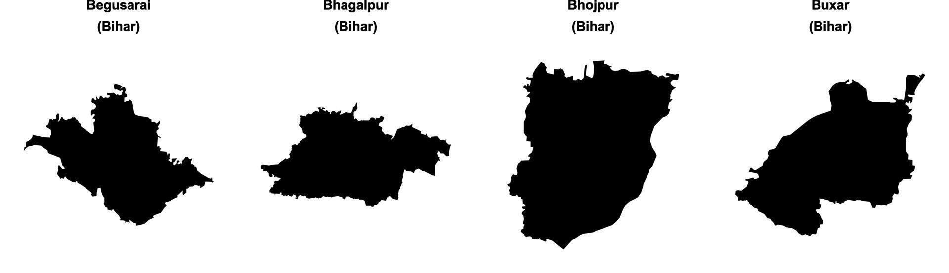 Begusarai, Bhagalpur, Bhojpur, Buxar outline maps vector
