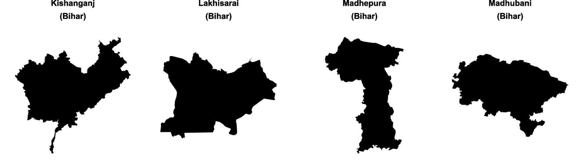 Kishanganj, Lakhisarai, Madhepura, Madhubani outline maps vector